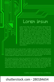 Background - Presentation sheet with electronic circuits, green. Brochure, flyer or report for business, templates, Edible vector. Lorem Ipsum text.