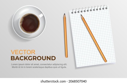 Background for the presentation of working meetings. Coffee background, notepad, pencil. Vector illustration of a coffee mug with a notepad and pencil on a white background. A sketch for creativity.