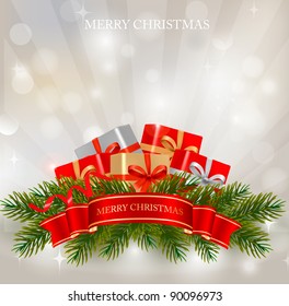 Background with presents and a ribbon. Vector illustration.
