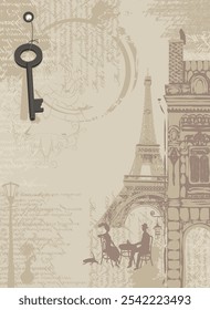 fundo para lista de preços do menu do restaurante sobre o tema da França com a Torre Eiffel de Paris e café da rua da cidade e vintage chave em estilo retrô. imitação do texto de uma nota de amor Lorem Ipsum