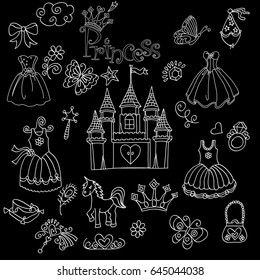 the background for the princesses: dresses, locks, accessories, crown, butterfly, horse