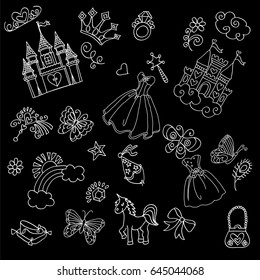 the background for the princesses: dresses, locks, accessories, crown, butterfly, horse