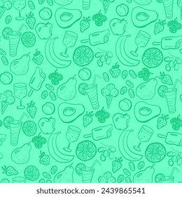 Background or print, seamless pattern. Summer drinks and food. Fruits, nuts, ice cream. Linear turquoise monochrome pattern.