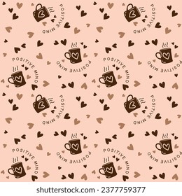 background print texture vector of hearts and coffee cups typography positive mind