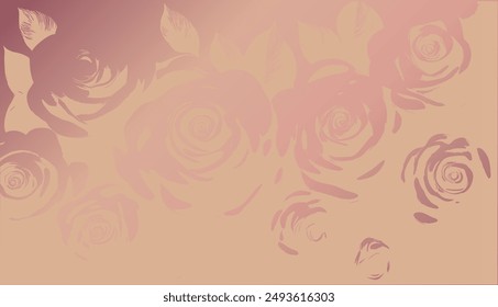 Background of printed roses, pastel colors. Gradient pink silhouette bouquet.