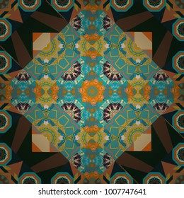 Background for printing brochure, poster, textile design, fabric, card. Vector seamless creative pattern with hand draw geometric composition in modern abstract style in blue, gray and brown colors.
