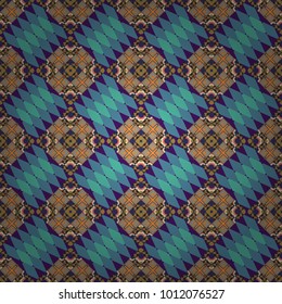 Background for printing brochure, poster, textile design, fabric, card. Vector seamless creative pattern with hand draw geometric composition in modern abstract style in blue, green and brown colors.