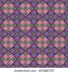 Background for printing brochure, poster, textile design, fabric, card. Vector seamless creative pattern with hand draw geometric composition in modern abstract style in gray, pink and blue colors.
