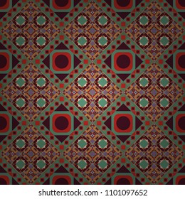 Background for printing brochure, poster, textile design, fabric, card. Vector seamless creative pattern with hand draw geometric composition in modern abstract style in brown, red and green colors.