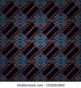 Background for printing brochure, poster, textile design, fabric, card. Vector seamless creative pattern with hand draw geometric composition in modern abstract style in purple, black and blue colors.