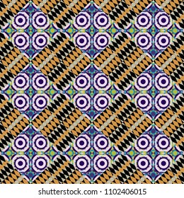 Background for printing brochure, poster, textile design, fabric, card. Vector seamless creative pattern with hand draw geometric composition in modern abstract style in black, violet and blue colors.