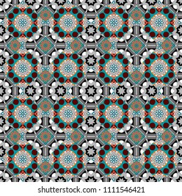 Background for printing brochure, poster, textile design, fabric, card. Vector seamless creative pattern with hand draw geometric composition in modern abstract style in blue, red and gray colors.