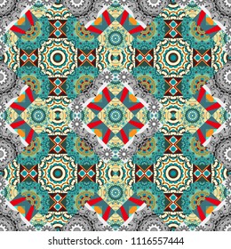Background for printing brochure, poster, textile design, fabric, card. Vector seamless creative pattern with hand draw geometric composition in modern abstract style in beige, yellow and gray colors.