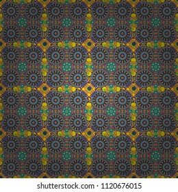 Background for printing brochure, poster, textile design, fabric, card. Seamless creative pattern with hand draw geometric composition in modern abstract style in orange, green and blue colors.