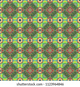 Background for printing brochure, poster, textile design, fabric, card. Vector seamless creative pattern with hand draw geometric composition in modern abstract style in green, blue and orange colors.