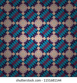 Background for printing brochure, poster, textile design, fabric, card. Vector seamless creative pattern with hand draw geometric composition in modern abstract style in blue, beige and yellow colors.