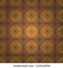 Background for printing brochure, poster, textile design, fabric, card. Vector seamless creative pattern with hand draw geometric composition in modern abstract style in blue, yellow and orange colors