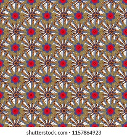 Background for printing brochure, poster, textile design, fabric, card. Vector seamless creative pattern with hand draw geometric composition in modern abstract style in blue, orange and gray colors.