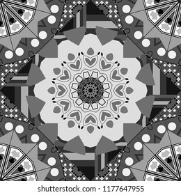 Background for printing brochure, poster, textile design, fabric, card. Vector seamless creative pattern with hand draw geometric composition in modern abstract style in black, white and gray colors.