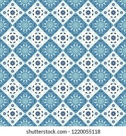 Background for printing brochure, poster, textile design, fabric, card. Vector seamless creative pattern with hand draw geometric composition in modern abstract style in blue, white and black colors.