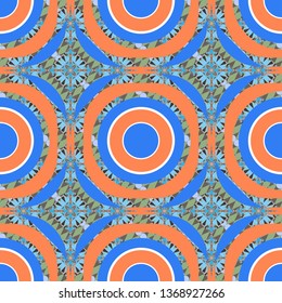 Background for printing brochure, poster, textile design, fabric, card. Vector seamless creative pattern with hand draw geometric composition in modern abstract style in blue, orange and green colors.