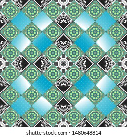 Background for printing brochure, poster, textile design, fabric, card. Vector seamless creative pattern with hand draw geometric composition in modern abstract style in gray, blue and green colors.