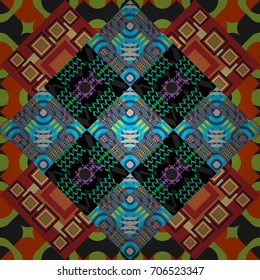 Background for printing brochure, poster, textile design, fabric, card. Vector seamless creative pattern with hand draw geometric composition in modern abstract style in green, brown and red colors.