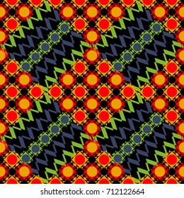 Background for printing brochure, poster, textile design, fabric, card. Vector seamless creative pattern with hand draw geometric composition in modern abstract style in black, red and yellow colors.