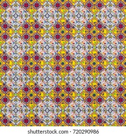 Background for printing brochure, poster, textile design, fabric, card. Vector seamless creative pattern with hand draw geometric composition in modern abstract style in yellow, red and gray colors.