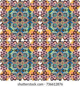 Background for printing brochure, poster, textile design, fabric, card. Vector seamless creative pattern with hand draw geometric composition in modern abstract style in white, blue and beige colors.