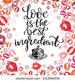 Background with Prints of woman s lips. Ilove you background for Valentine s day and Happy love day with modern lettering love theme