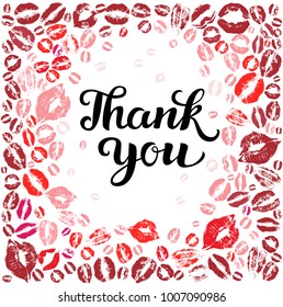 Background with prints of woman`s  lips and thankful inspiration. Lettering for  Happy love day.