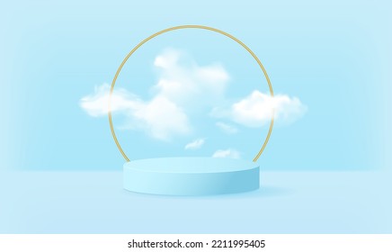 Background product display blue rendered geometric shape with podium and minimal cloudy scene.Vector illustration