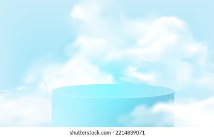 Background product display pastel blue rendered geometric shape with podium and minimal cloudy scene.Vector illustration