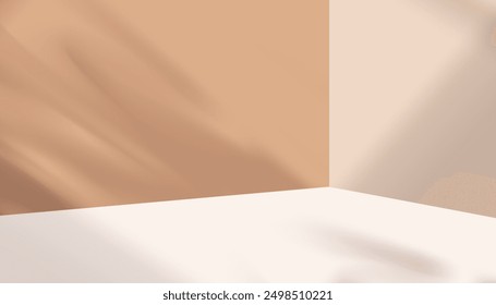 Background Product Display Studio with shadow leaves on cement floor,Beige Backdrop 3D Display Podium Stand Concept for Autumn Sale,Online shop,Vector Banner for Summer promote