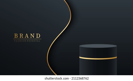 Hintergrund für Produktpräsentation und -werbung. Rundpodium, Podest oder Plattform. 3D-Zylinder-Ausstelleranzeige. Schwarz und Gold. Vektorgrafik.