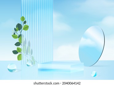 Background product vector 3d blue rendering with podium minimal cloud scene, minimal product display background 3d render sky cloud blue pastel. Stage 3d render product in cloud background platform