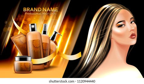 Background with professional hair care products and beautiful asian model with long blonde hair