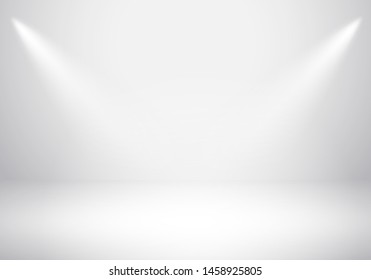 Background with projector light effect for product display. Vector clean white scene floor mock up. Empty studio photo shoot room background.
