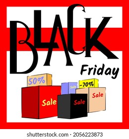 Fondo, promoción, volante con ilustración de cajas con inscripciones venta, descuentos, viernes negro