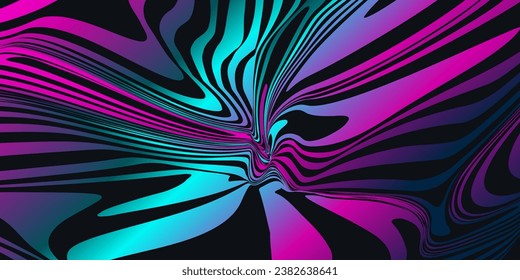 Antecedentes Arte Psicodélico Óptico con Twist Striped. Patrón de hipnosis de degradado de diseño vectorial para publicidad, web, medios sociales, afiche, pancarta, portada. Ilustración vectorial.