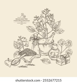 Background with  pterocarpus marsupium: pterocarpus marsupium plant, leaves, seeds and pterocarpus marsupium flowers. Indian kino tree. Oil, soap and bath salt . Cosmetics and medical