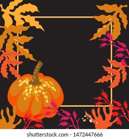 Background with pumpkin and autumn leaves frame flat vector illustration.