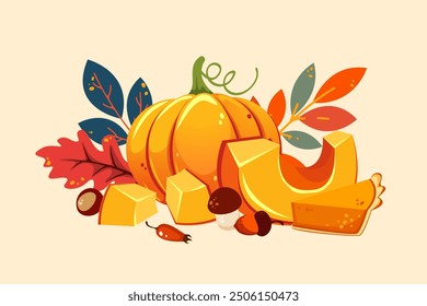 Background with pumpkin, autumn leaves, pumpkin pie, mushrooms. Vector illustration.