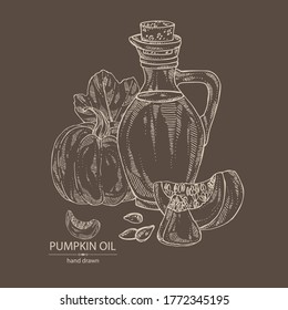 Background with pumpkin and bottle of pumpkin oil. Vector hand drawn illustration