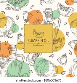 Background with pumpkin and bottle of pumpkin oil. Vector hand drawn illustration