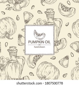 Fondo con calabaza y botella de aceite de calabaza. Ilustración dibujada a mano por el vector