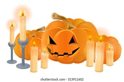 background with pumpkin, candles, decoration, invitation, celebration