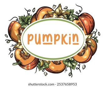 Fondo de calabaza, hojas, flores y semillas en estilo de Vector dibujado a mano, ilustración detallada de la cosecha de otoño de Halloween. Vector stock ilustración