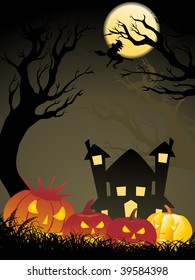 background with pumpkin on grass, house and tree